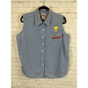 LOONEY TUNES vintage 90's gingham white blue cotton sleeveless top shirt 14/16W